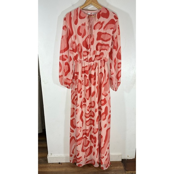 BY EGREIS Puff Sleeve Slit Maxi Dress Womans Small Leopard Print Sumer Beach - Picture 2 of 13